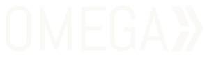 OMEGA logo in bold white letters with a double chevron arrow to the right on a black background