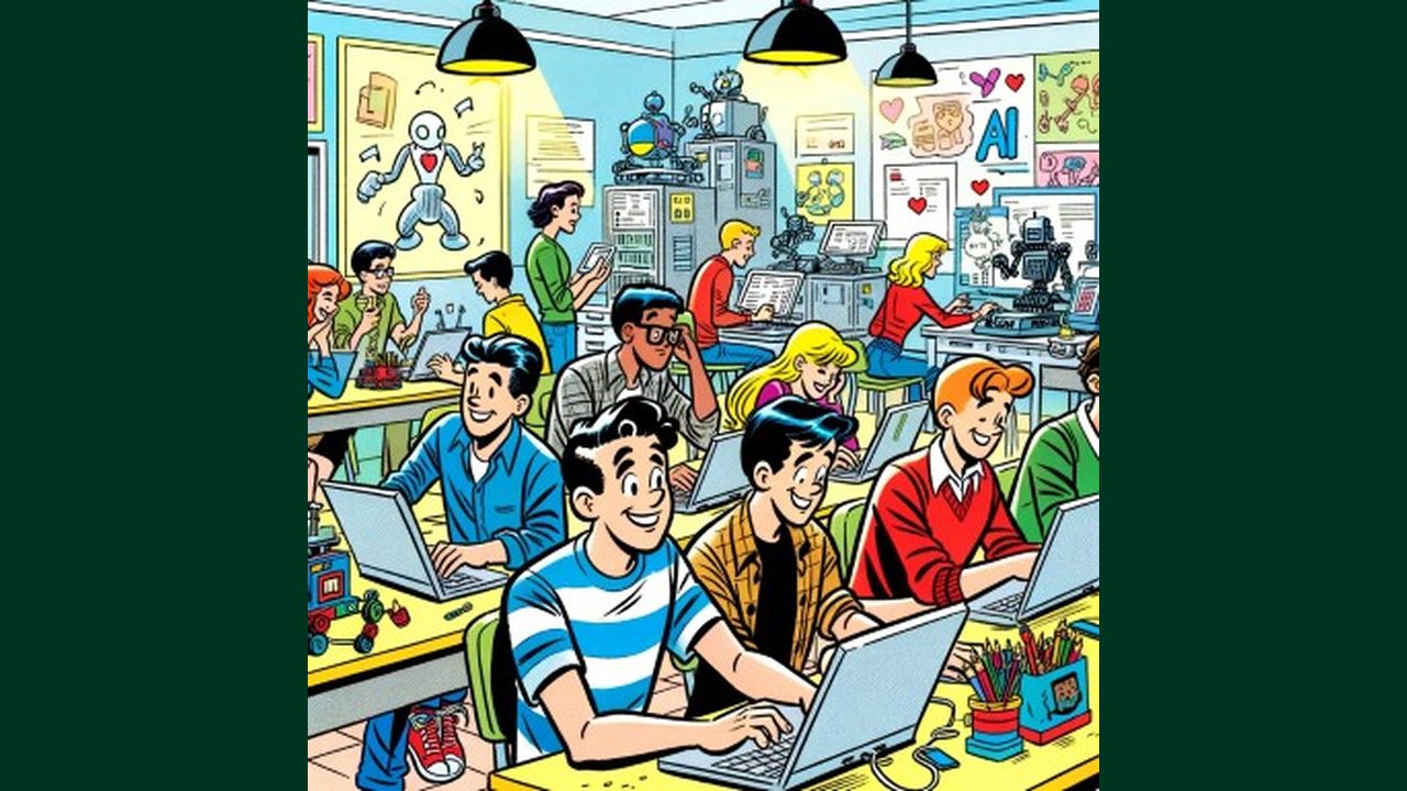 Preparing Our Children For Success In The Age Of AI Group of students in a lively classroom lab using laptops and robotics equipment