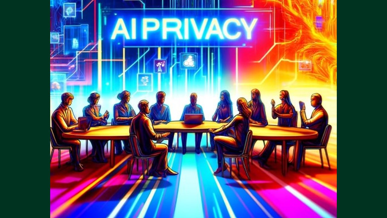 A round-table meeting where diverse people discuss AI privacy in a neon, futuristic conference room with laptops and glowing icons in the background.