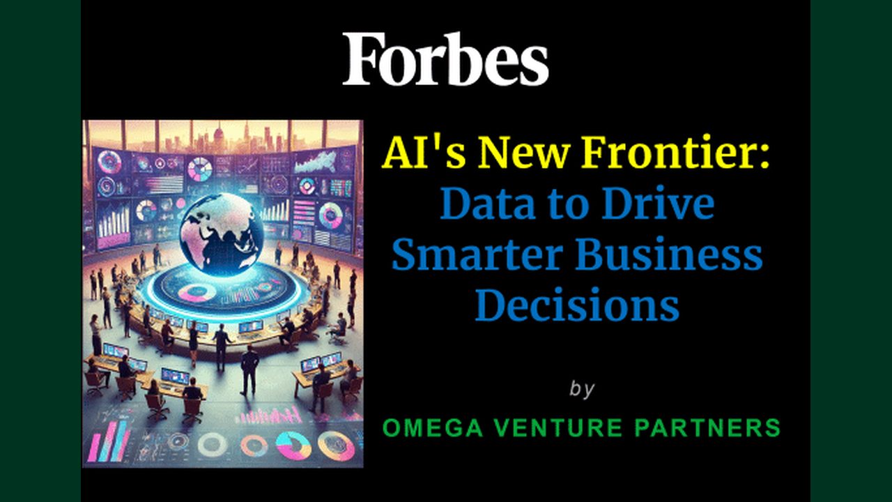 Forbes magazine cover featuring a futuristic data command center beside the title 'AI's New Frontier: Data to Drive Smarter Business Decisions' on a black background.